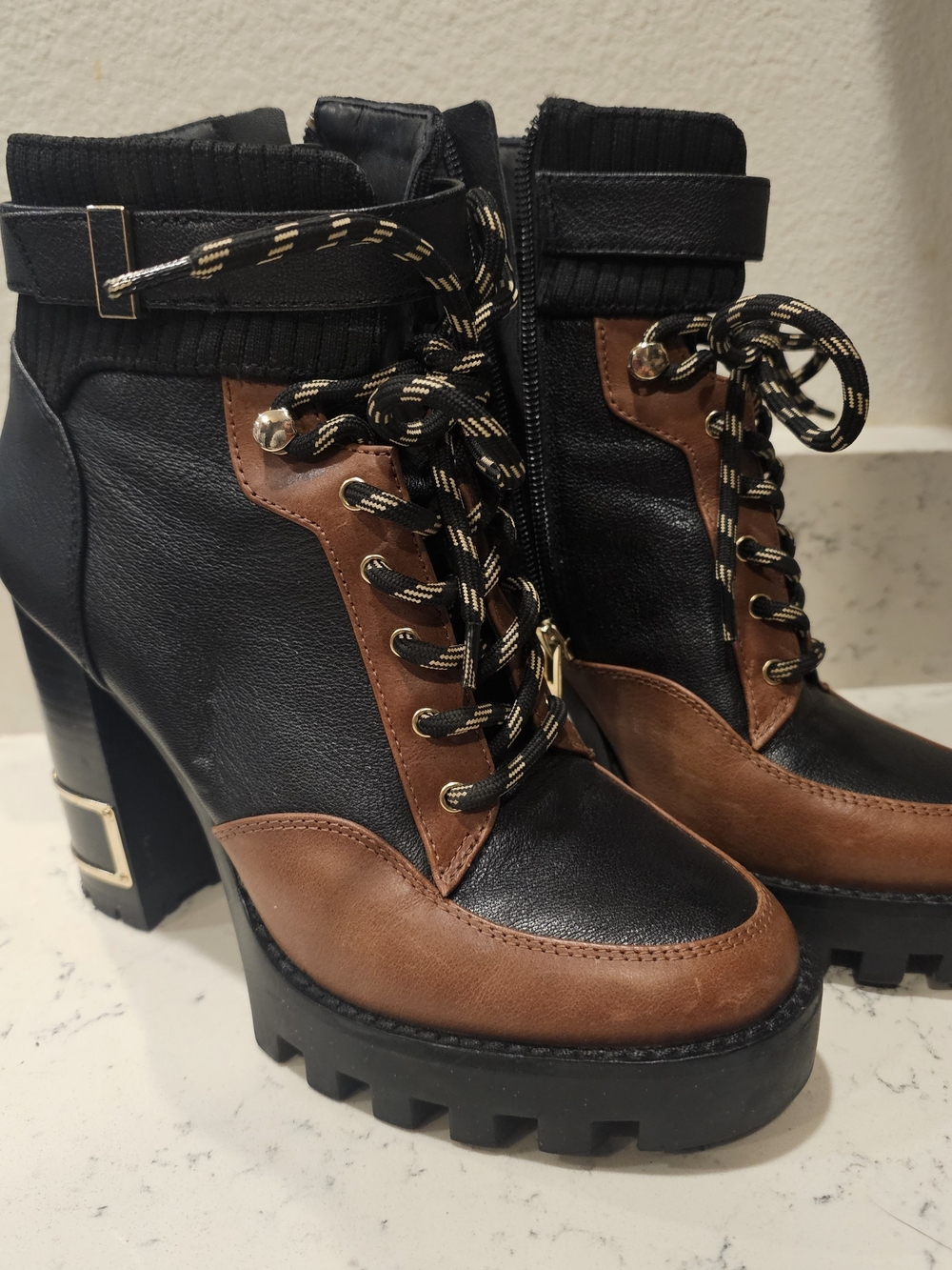 ANTONIO MELANI Black & Brown Lug-Heel Ankle Boots Size 6.5M